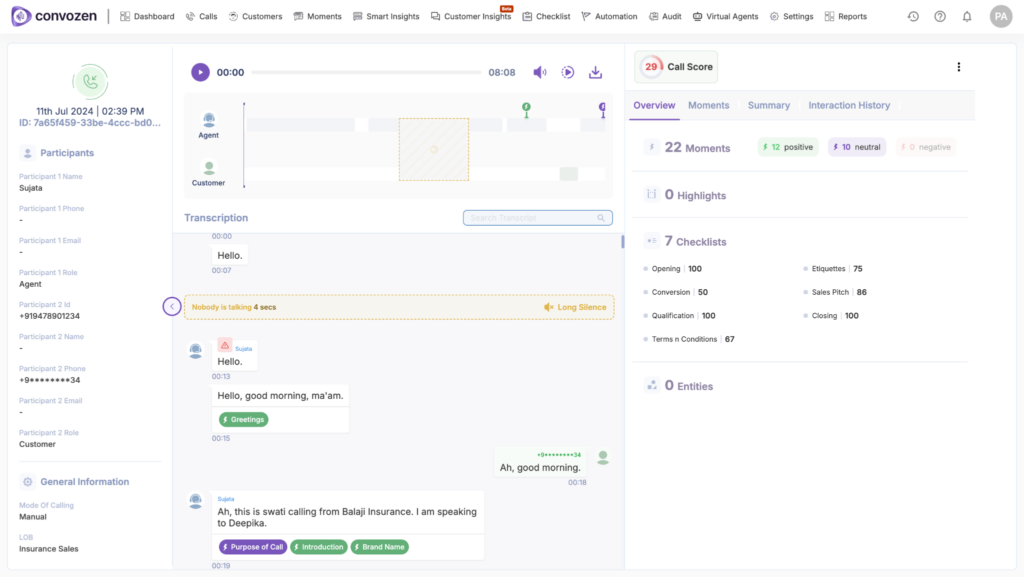 An interface of the audio transcript and speaker identification