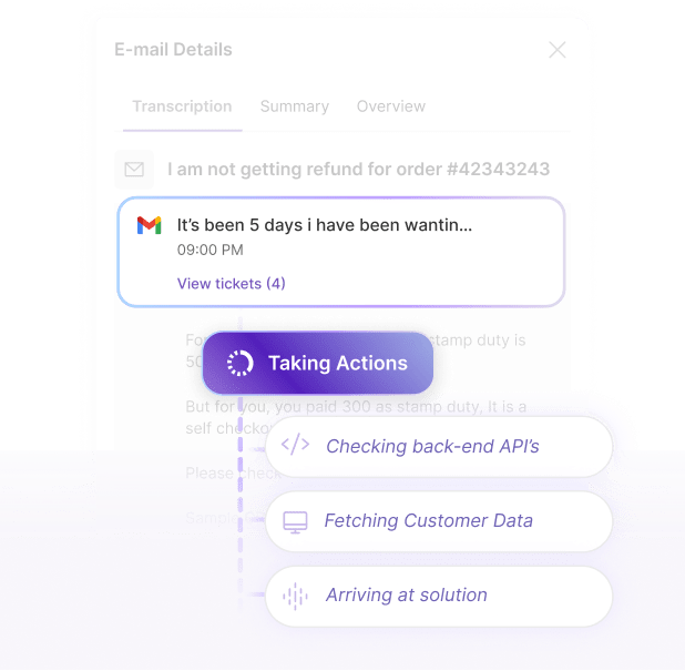 Email AI agent action timeline showing API calls, KB lookups, and automated responses