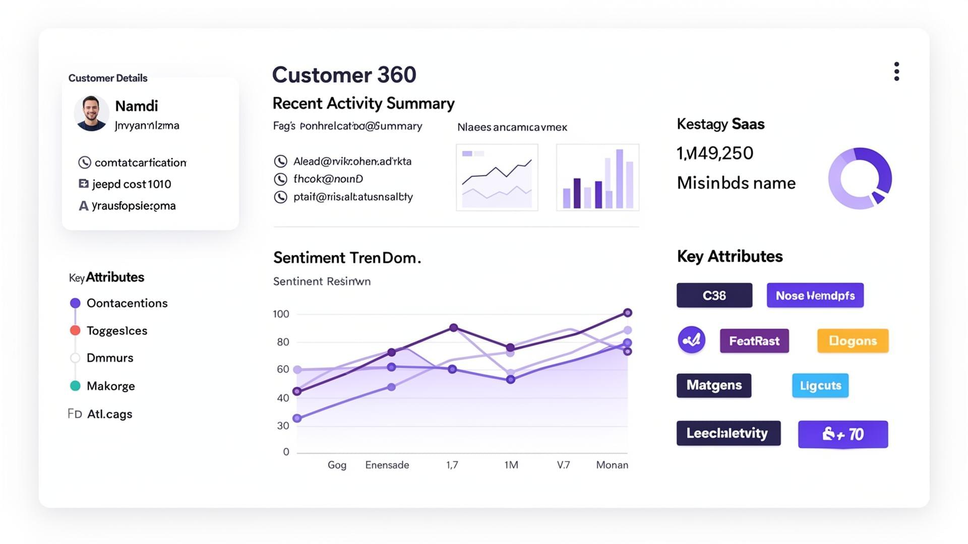 Customer profile panel showing details, recent activity summary, sentiment trend, and key attributes