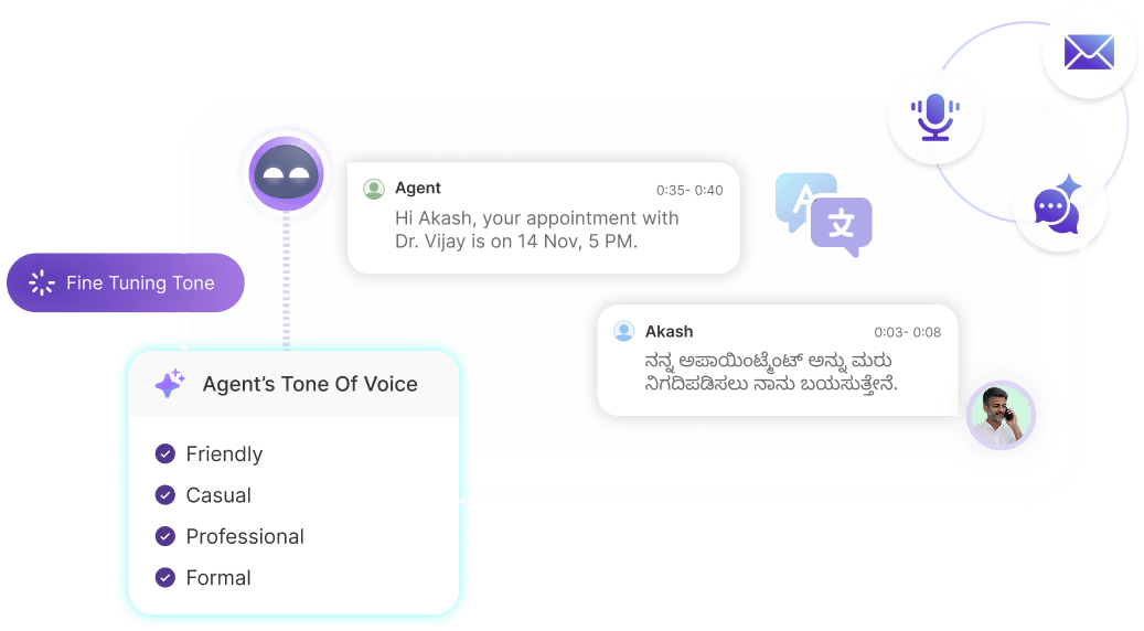 Brand voice configuration panel with tone sliders, language selection, and accent options
