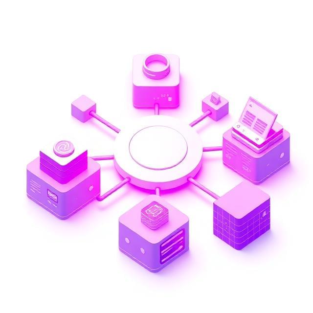 Hub-and-spoke integration diagram connecting CRM, helpdesk, telephony, messaging, email, and data systems