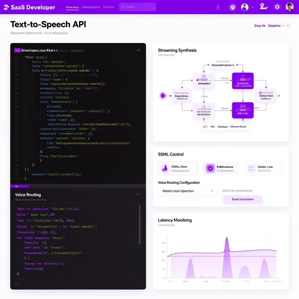 TTS developer API dashboard with code snippets, streaming synthesis flow, and SSML controls
