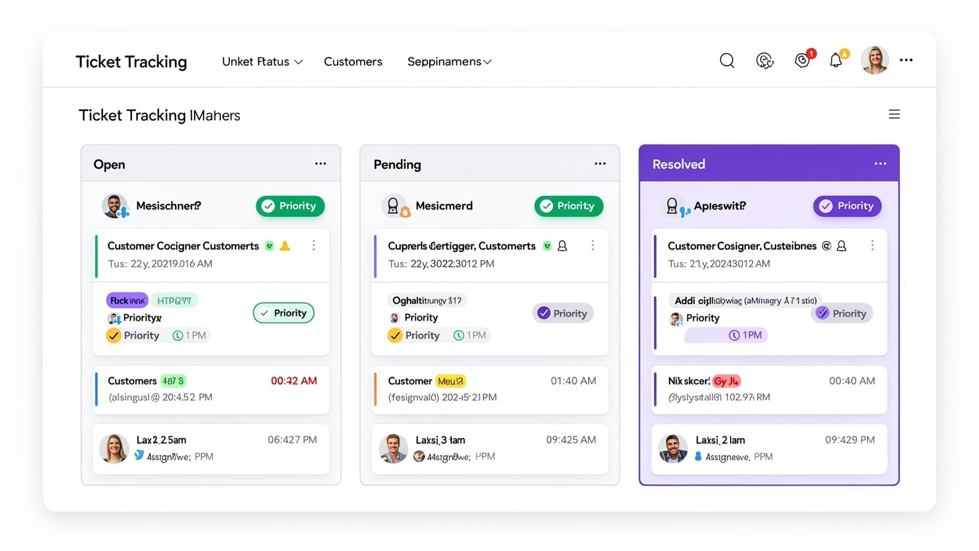 Ticket status dashboard with open, pending, and resolved tickets linked to customer interactions