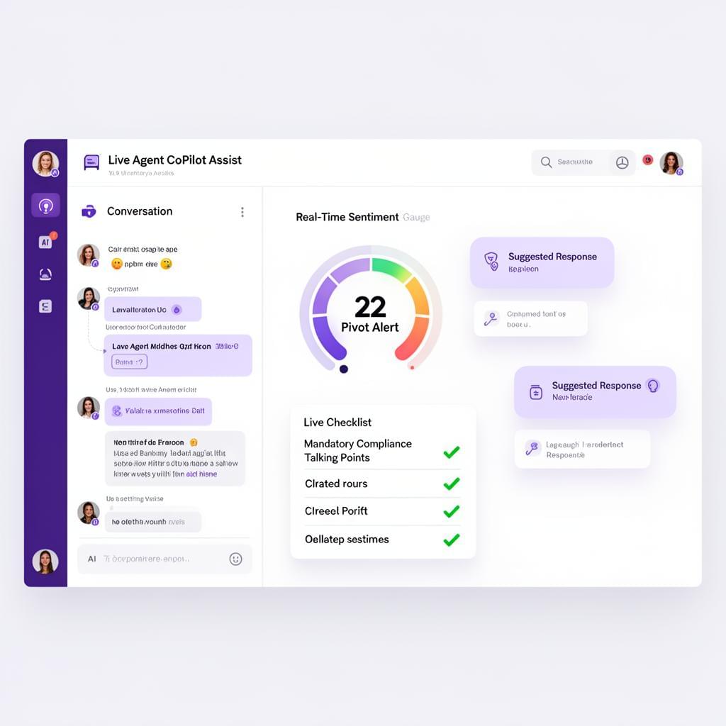 Live agent co-pilot dashboard with real-time sentiment gauge, compliance checklist, and response cues