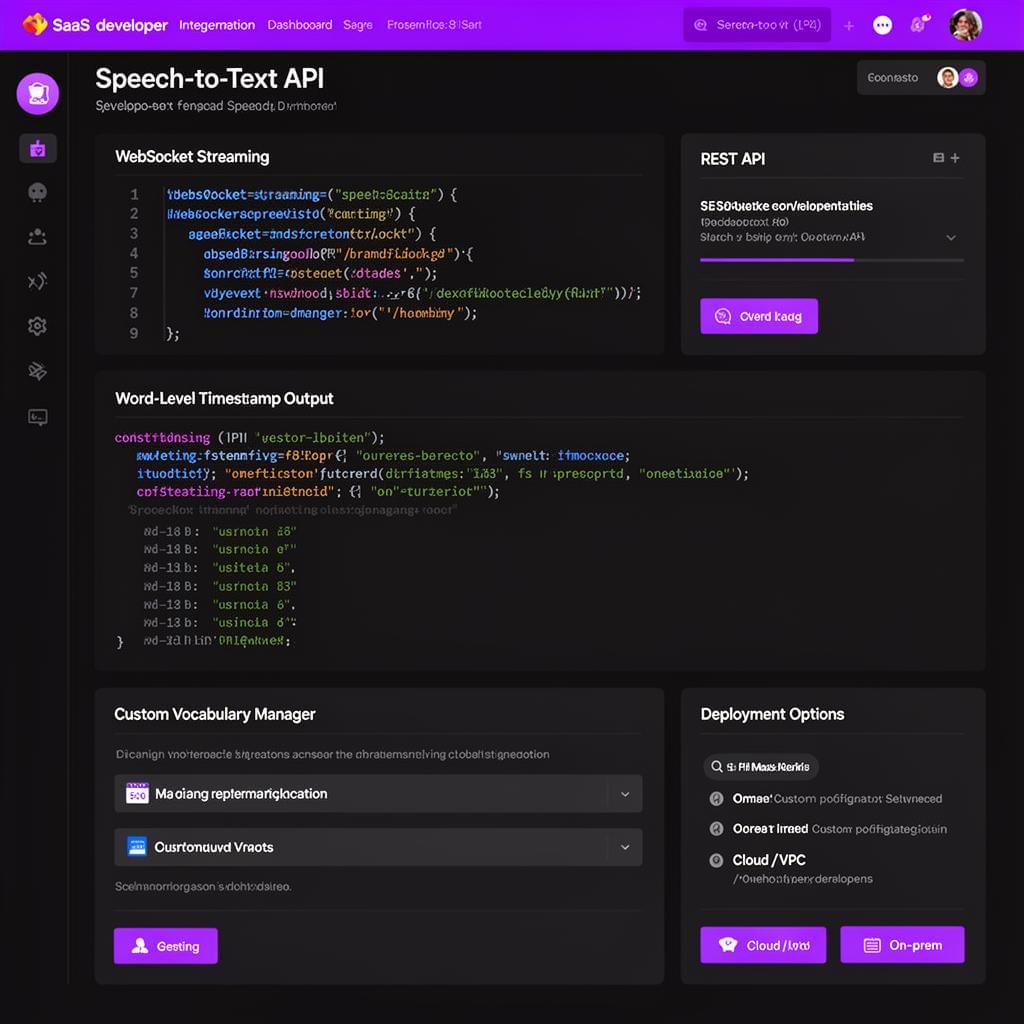 STT developer API dashboard with WebSocket streaming, word-level timestamps, and deployment options