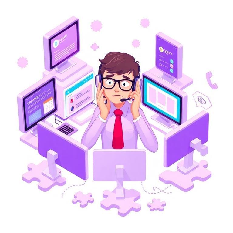Overwhelmed support agent juggling multiple disconnected channels