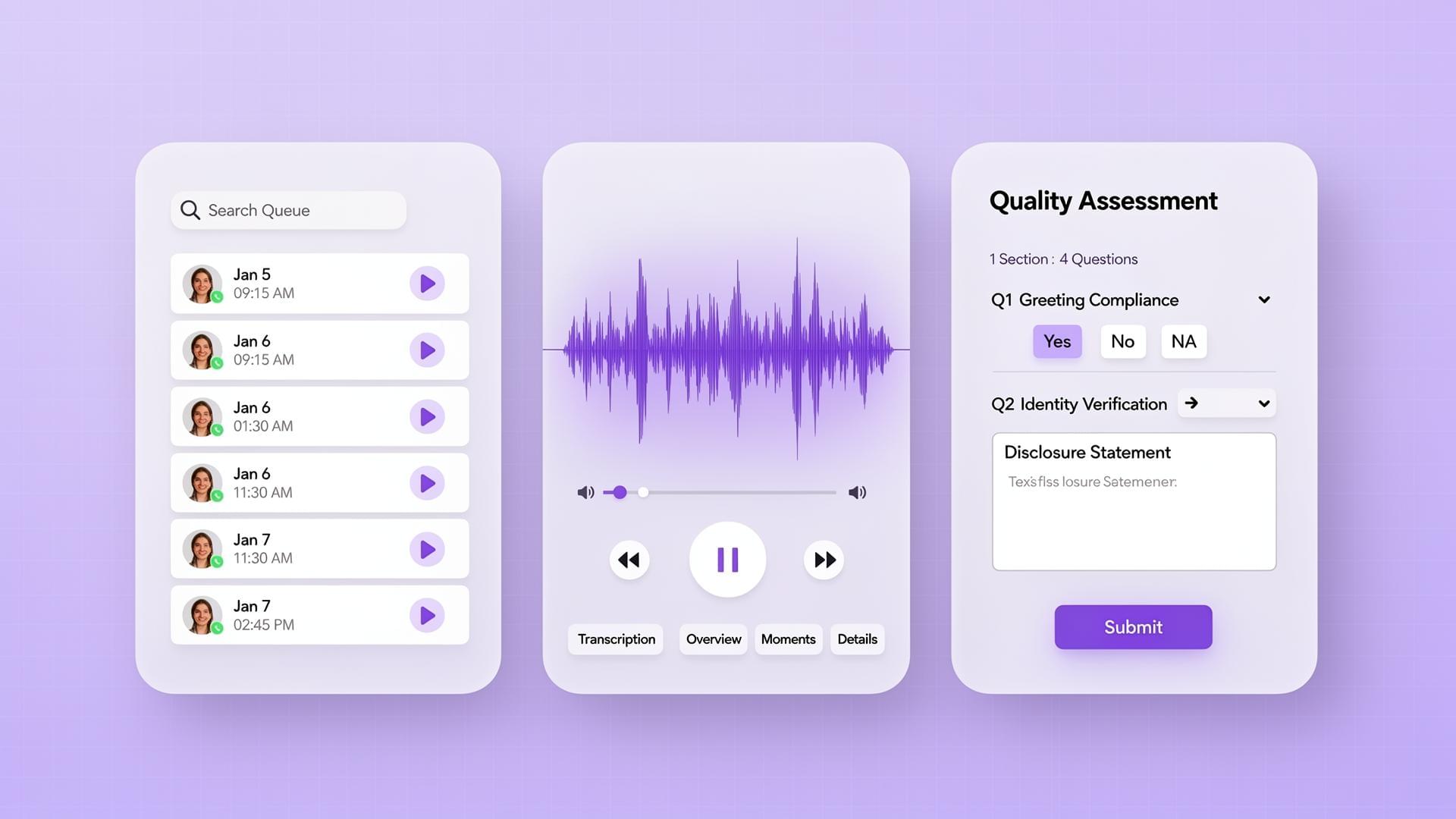 Split-screen auditor workbench showing compliance form and call transcript