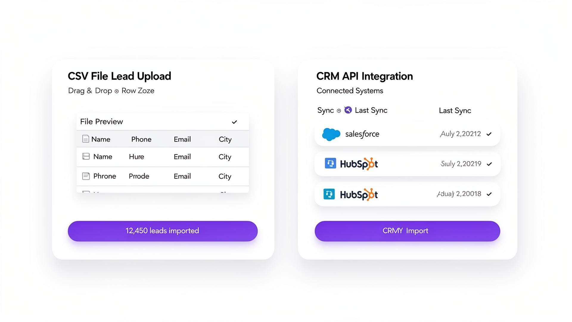 Split view showing CSV upload and API-based lead sync