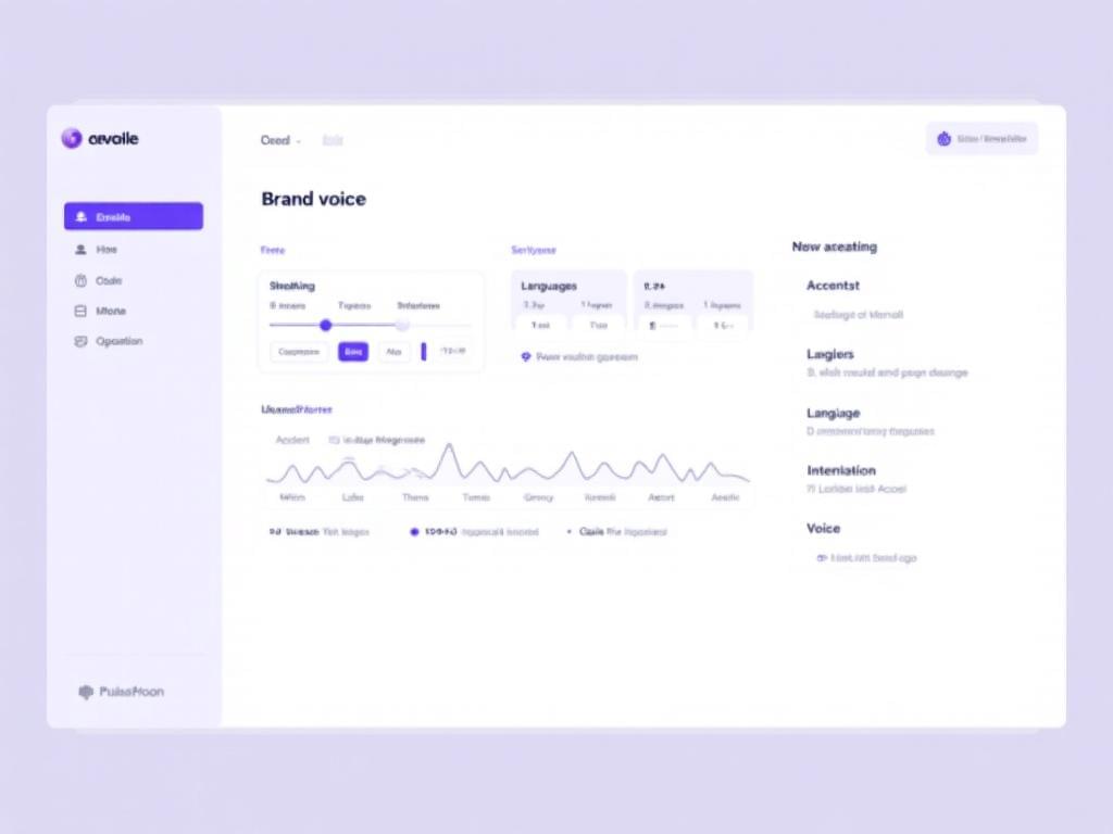 Brand voice configuration panel with tone sliders, language selection, and accent options