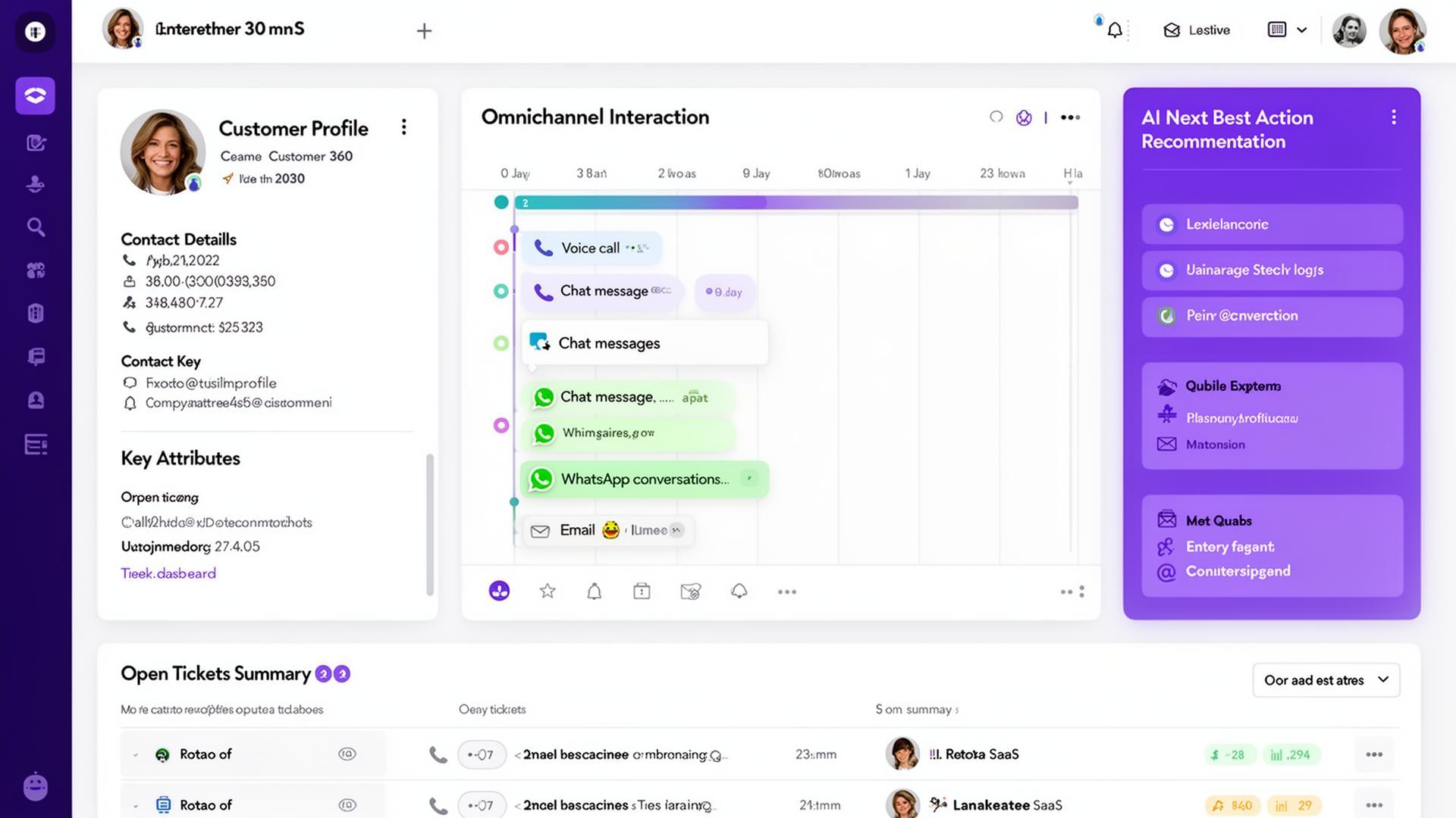 Customer 360 dashboard showing unified customer profile, omnichannel timeline, AI recommendations, and ticket summary