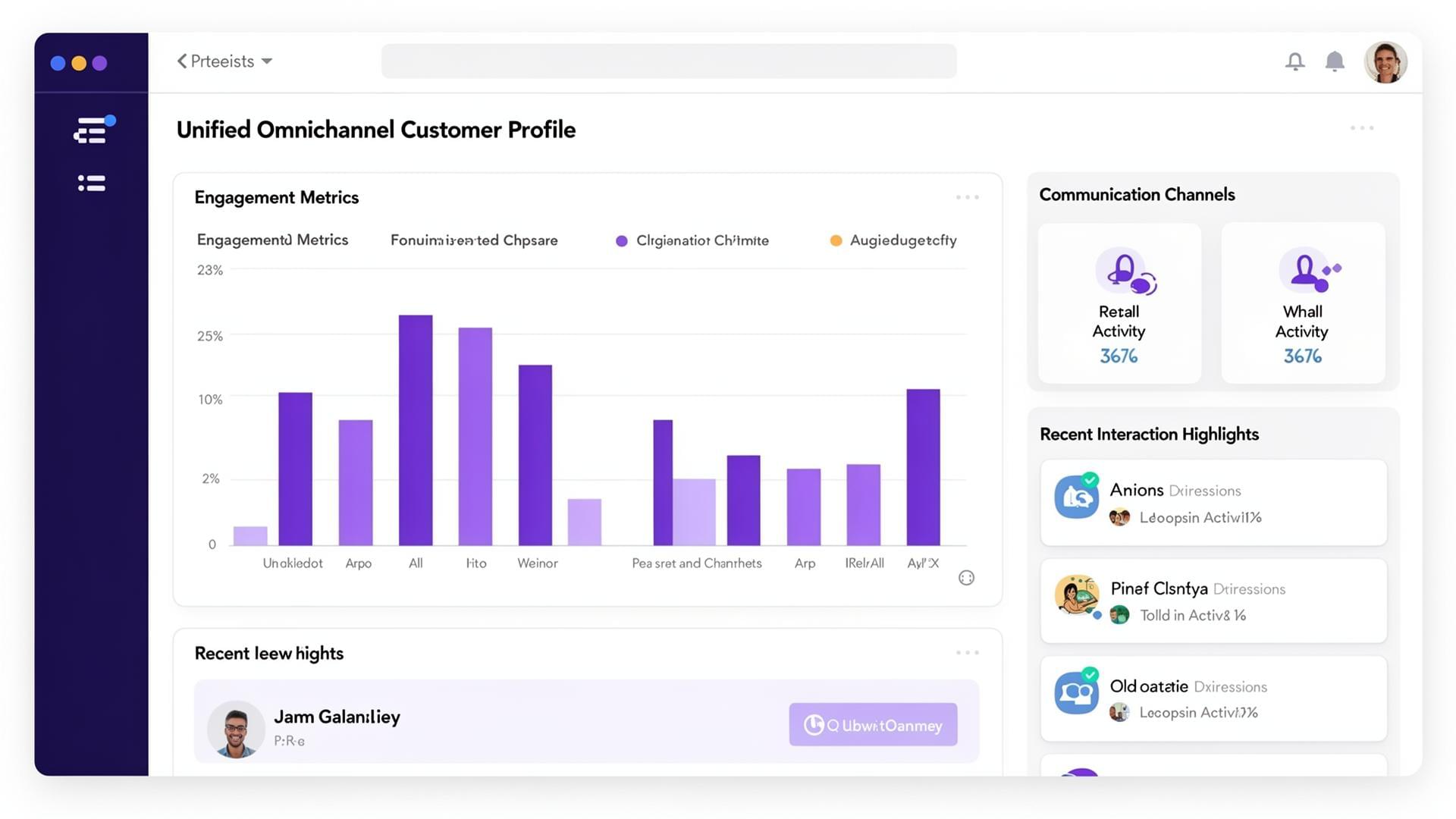 Unified customer profile displaying omnichannel engagement metrics, channels used, and interaction highlights