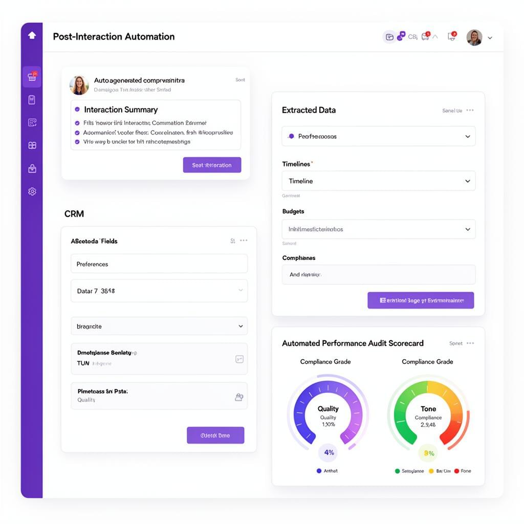 Post-interaction automation dashboard with interaction summary, extracted data fields, and performance audit scorecard