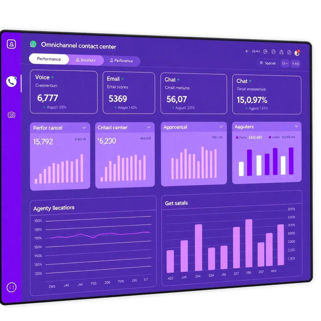Omnichannel dashboard showing Voice, Email and Chat analytics