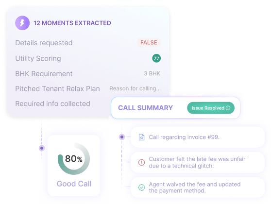 Post-interaction automation dashboard with interaction summary, extracted data fields, and performance audit scorecard