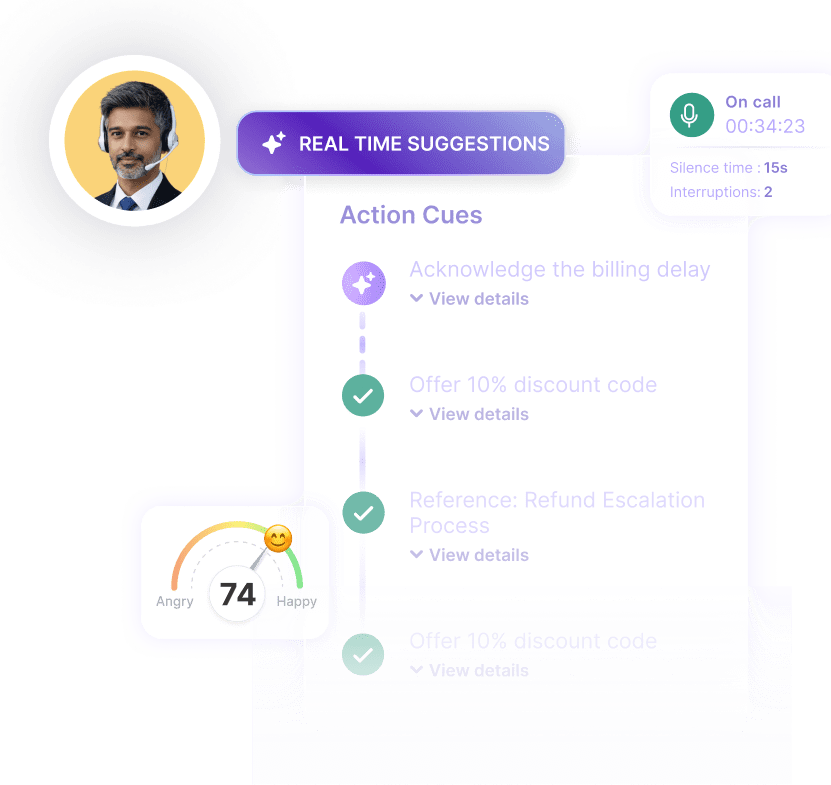 Live agent co-pilot dashboard with real-time sentiment gauge, compliance checklist, and response cues