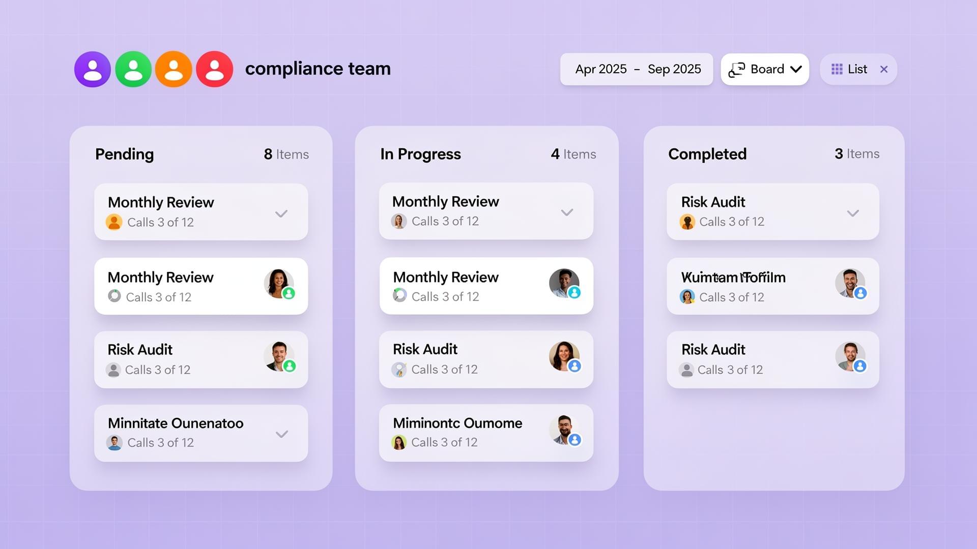 Kanban-style workflow board with auto-assignment cards