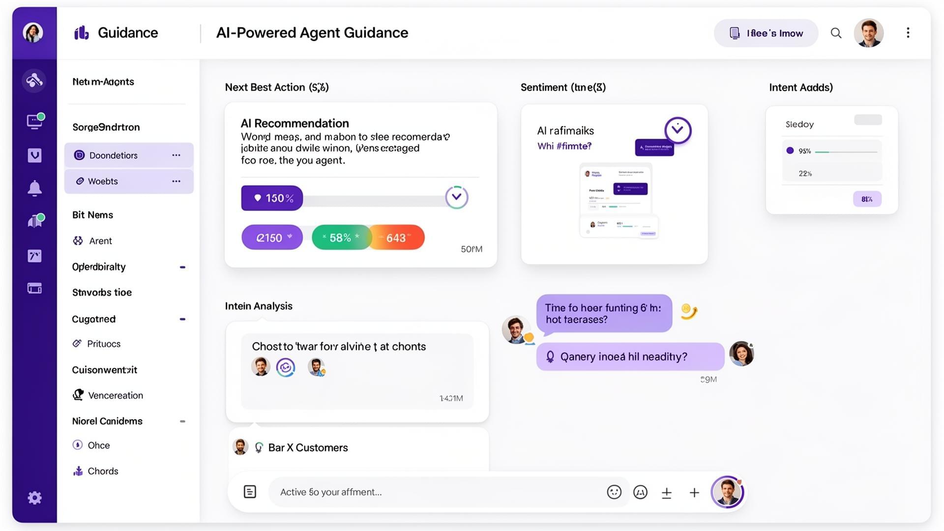 AI recommendation panel suggesting next actions, sentiment indicators, and intent analysis