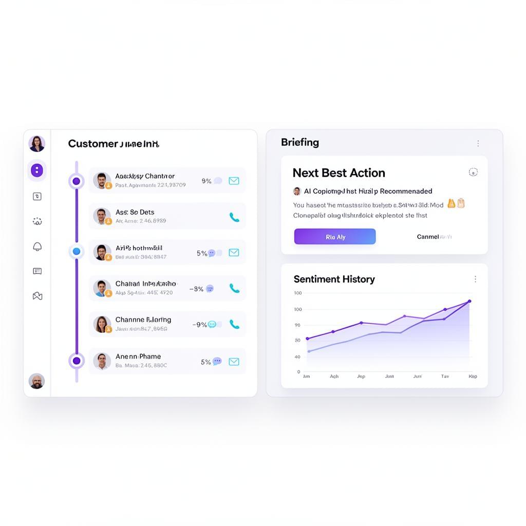 ConvoZen Copilot Agent dashboard showing customer timeline, next best action, and sentiment history