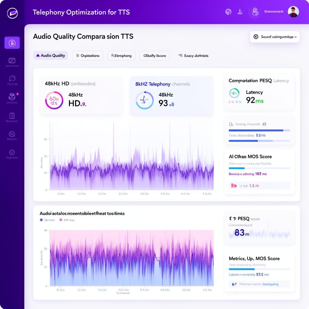 Telephony optimization dashboard showing audio quality comparison between 48kHz HD and 8kHz telephony