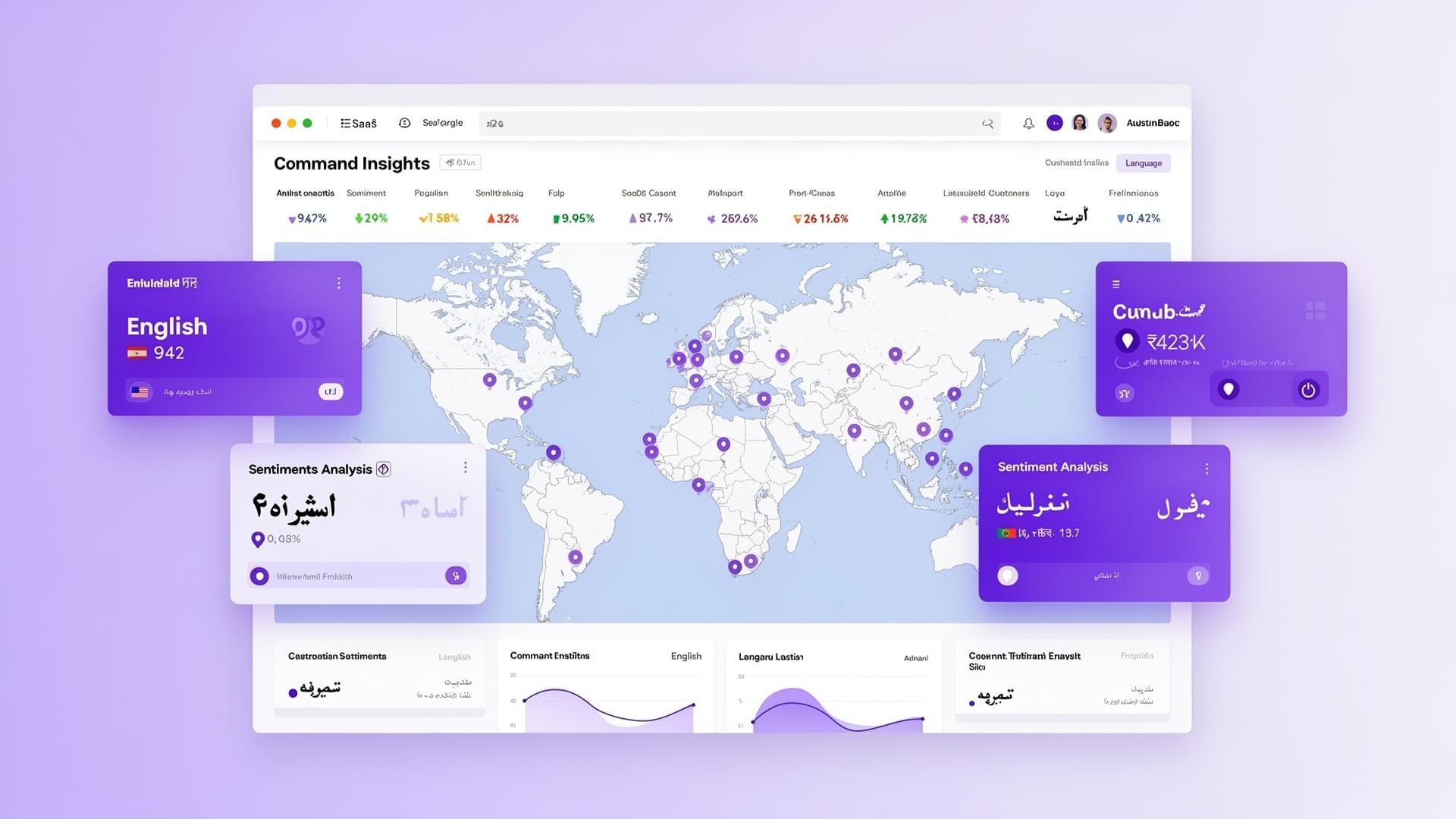 ConvoZen multilingual command center dashboard with global map and sentiment analysis