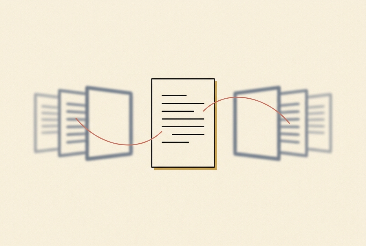A single sharp page at the centre reaching toward fainter neighbours on either side with thin coral arcs