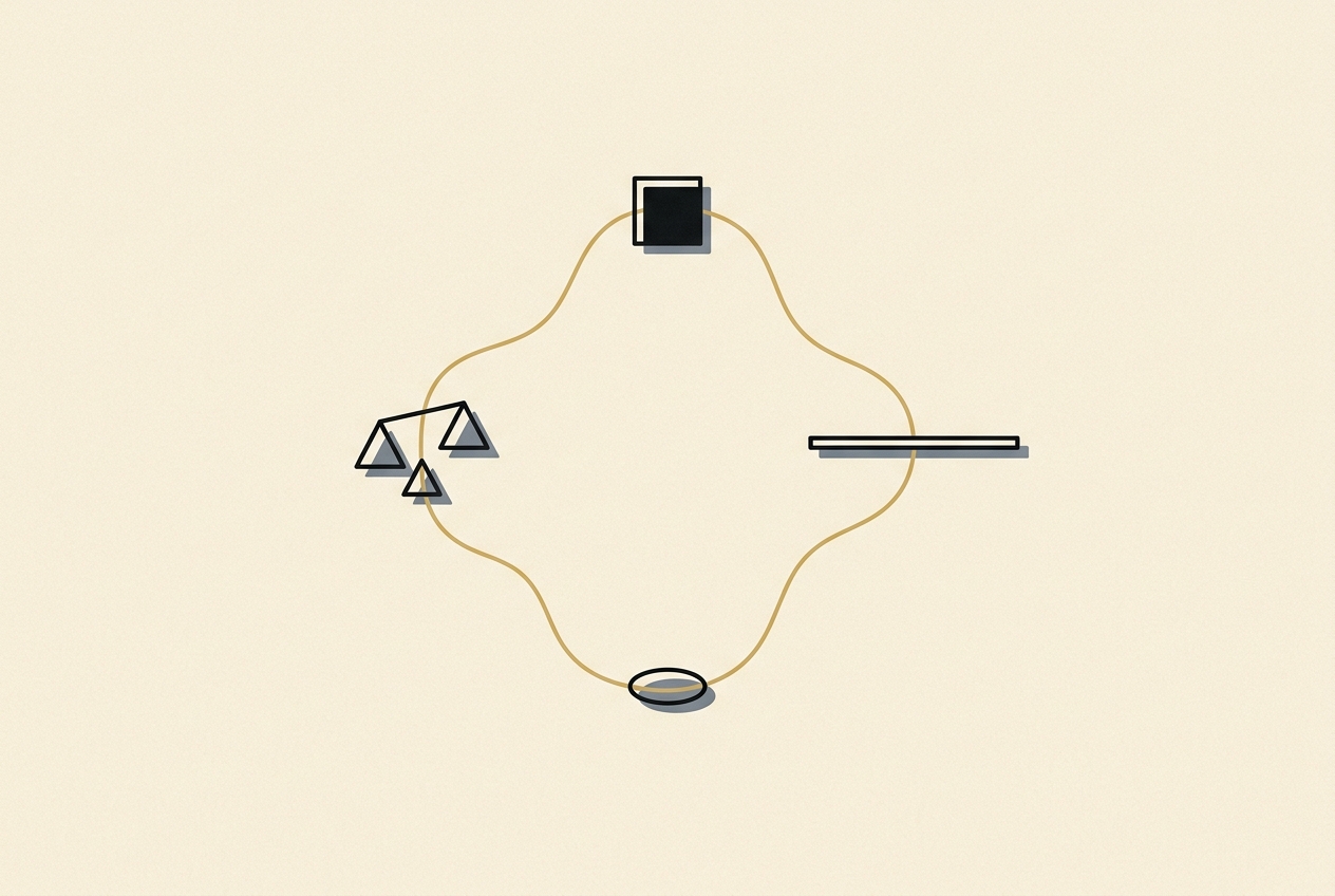 Four abstract geometric shapes arranged in a loose diamond, connected by one continuous gold thread
