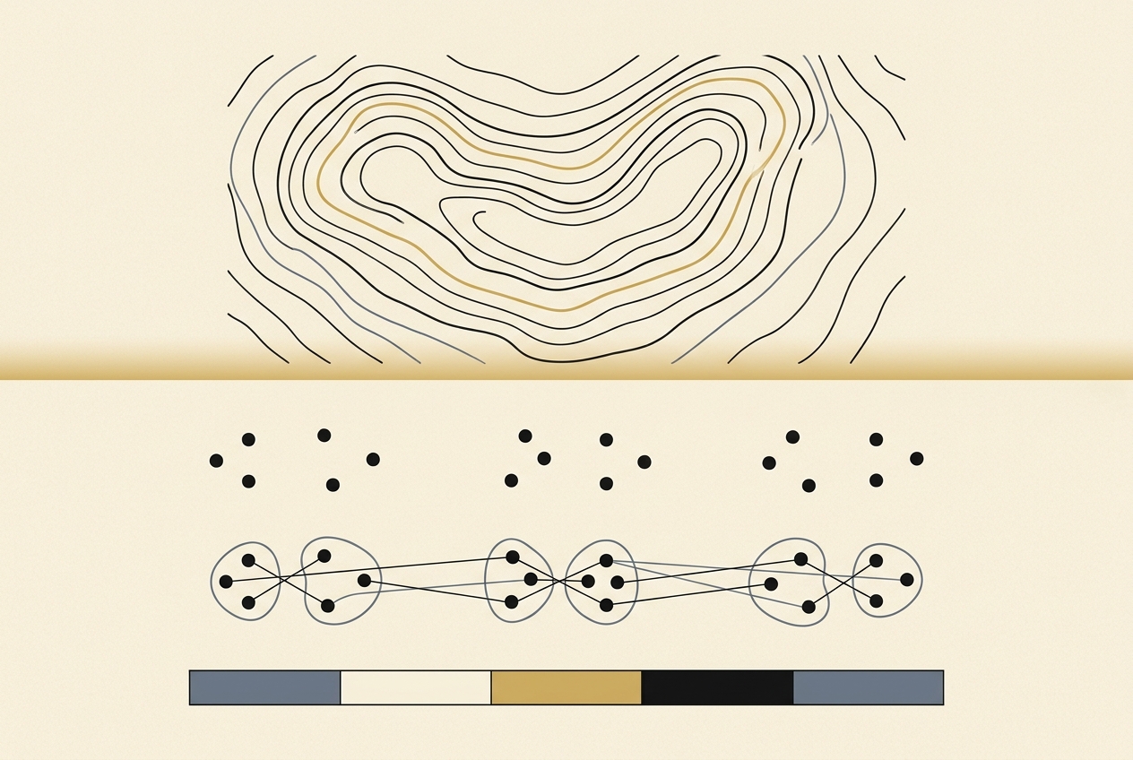 A topographic contour map above, scattered dots clustering into groups below, and a row of clean coloured bands at the foot