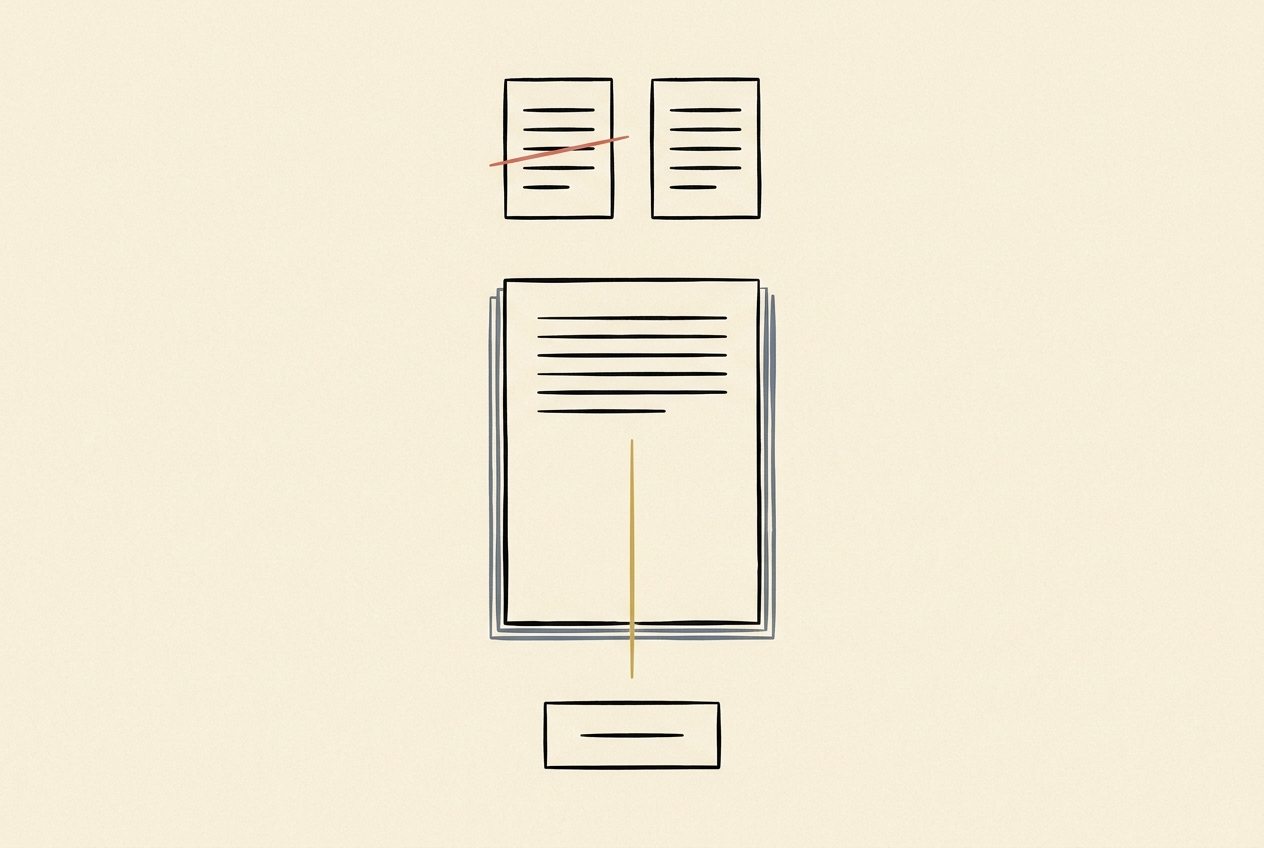 Two small draft pages at the top with a coral strikethrough on one, a larger detailed page in the middle, and one small clean rectangle at the foot
