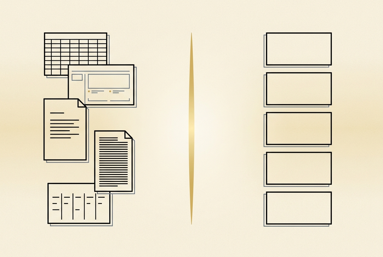 Five different document shapes at left, a narrow vertical gold slit in the centre, and five identical stacked rectangles at right